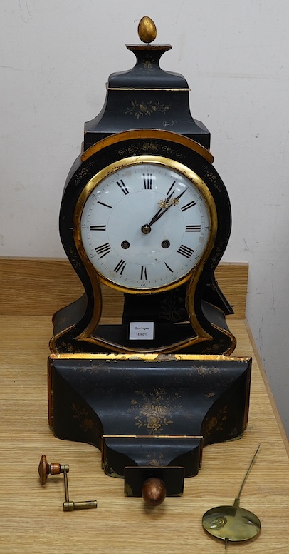 A late 19th century French lacquered bracket clock with stand and winder, 62cm excl stand. Condition - poor